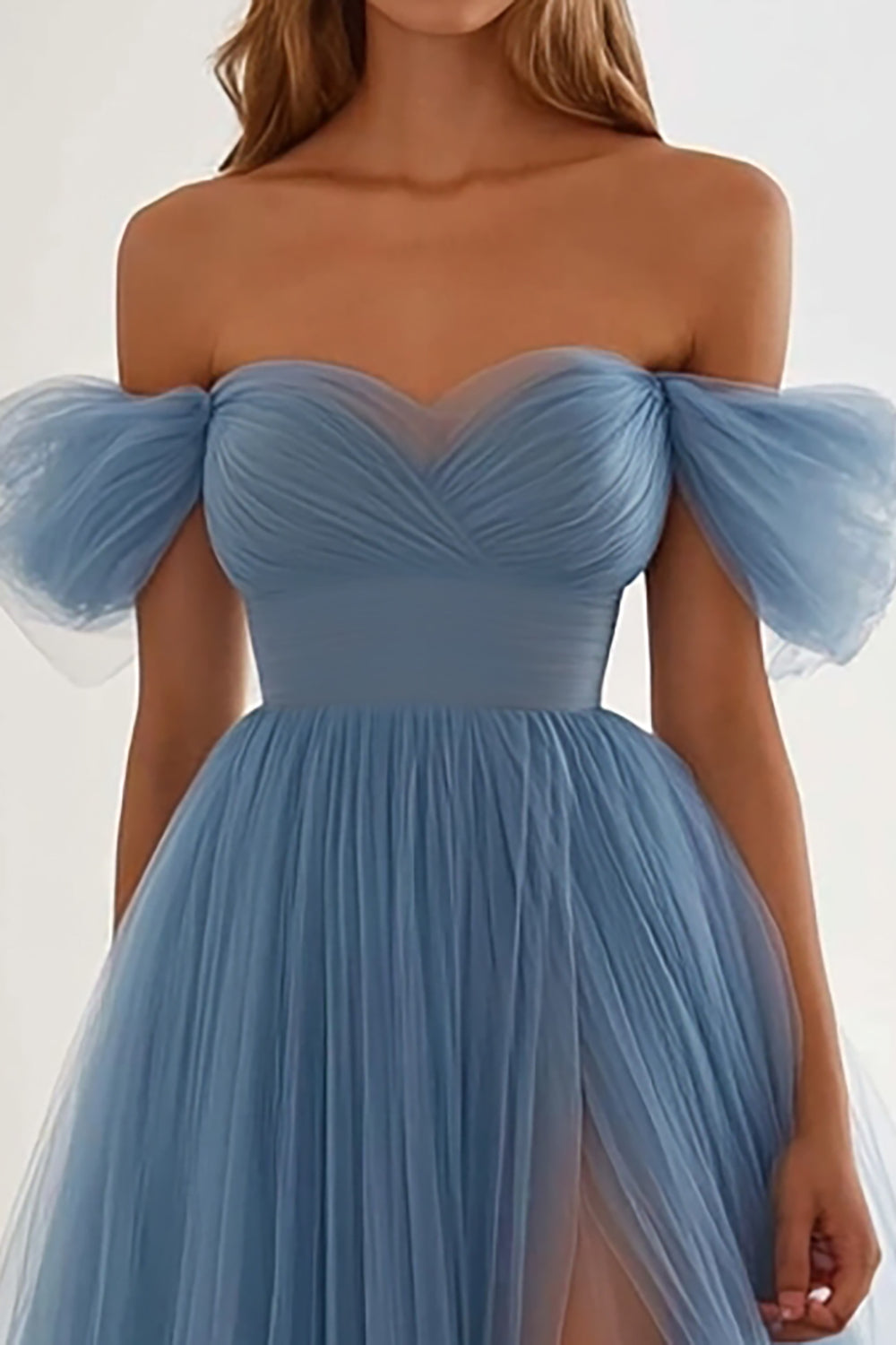 Grey Blue Tulle A Line Long Formal Dress with Slit