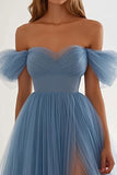 Grey Blue Tulle A Line Long Formal Dress with Slit