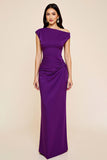 Plum Satin Sheath Ruched One Shoulder Long Formal Dress