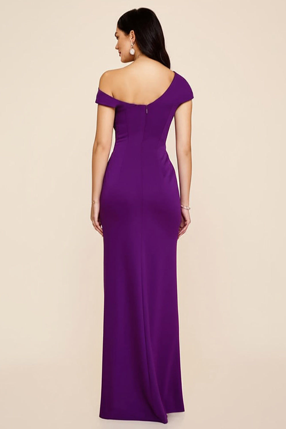 Plum Satin Sheath Ruched One Shoulder Long Formal Dress