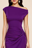 Plum Satin Sheath Ruched One Shoulder Long Formal Dress