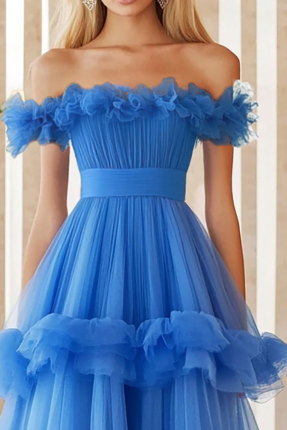 Blue A Line Ruffled Off the Shoulder Long Formal Dress