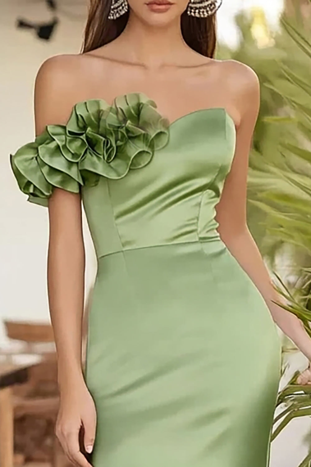 One Shoulder Sage Green Mermaid Ruffled Long Formal Dress