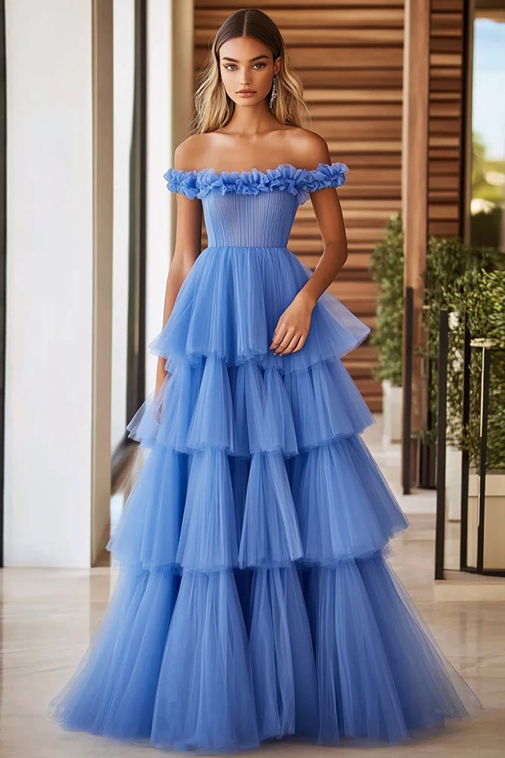 Off The Shoulder Blue Ruffled Tiered Long Formal Dress