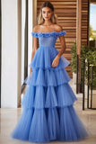 Off The Shoulder Blue Ruffled Tiered Long Formal Dress
