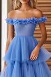 Off The Shoulder Blue Ruffled Tiered Long Formal Dress
