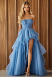 Blue Tulle Ball Gown Ruffled Asymmetrical Formal Dress