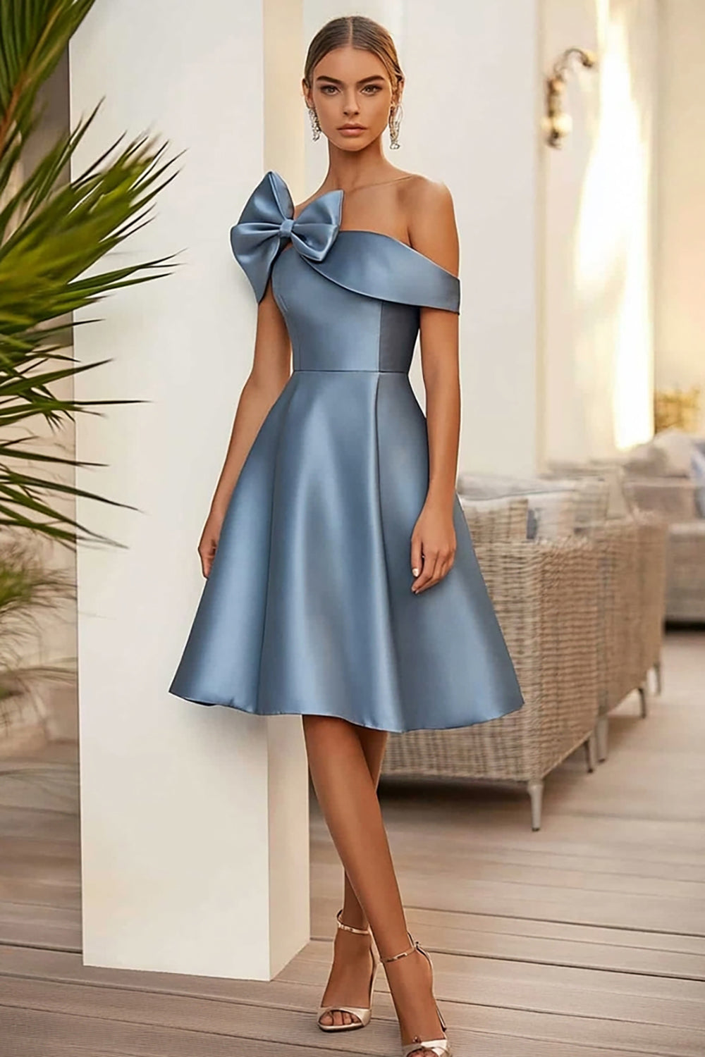 Dusty Blue One Shoulder Stain Midi Semi Formal Dress with Bow