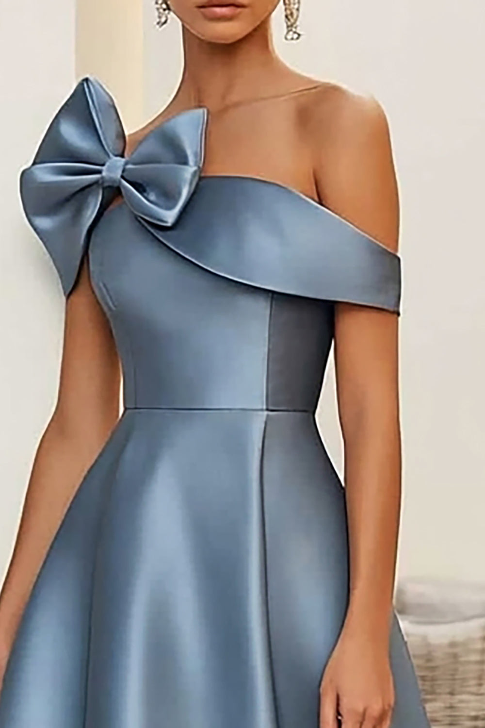 Dusty Blue One Shoulder Stain Midi Semi Formal Dress with Bow