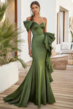 One Shoulder Olive Chiffon Ruffled Mermaid Long Formal Dress