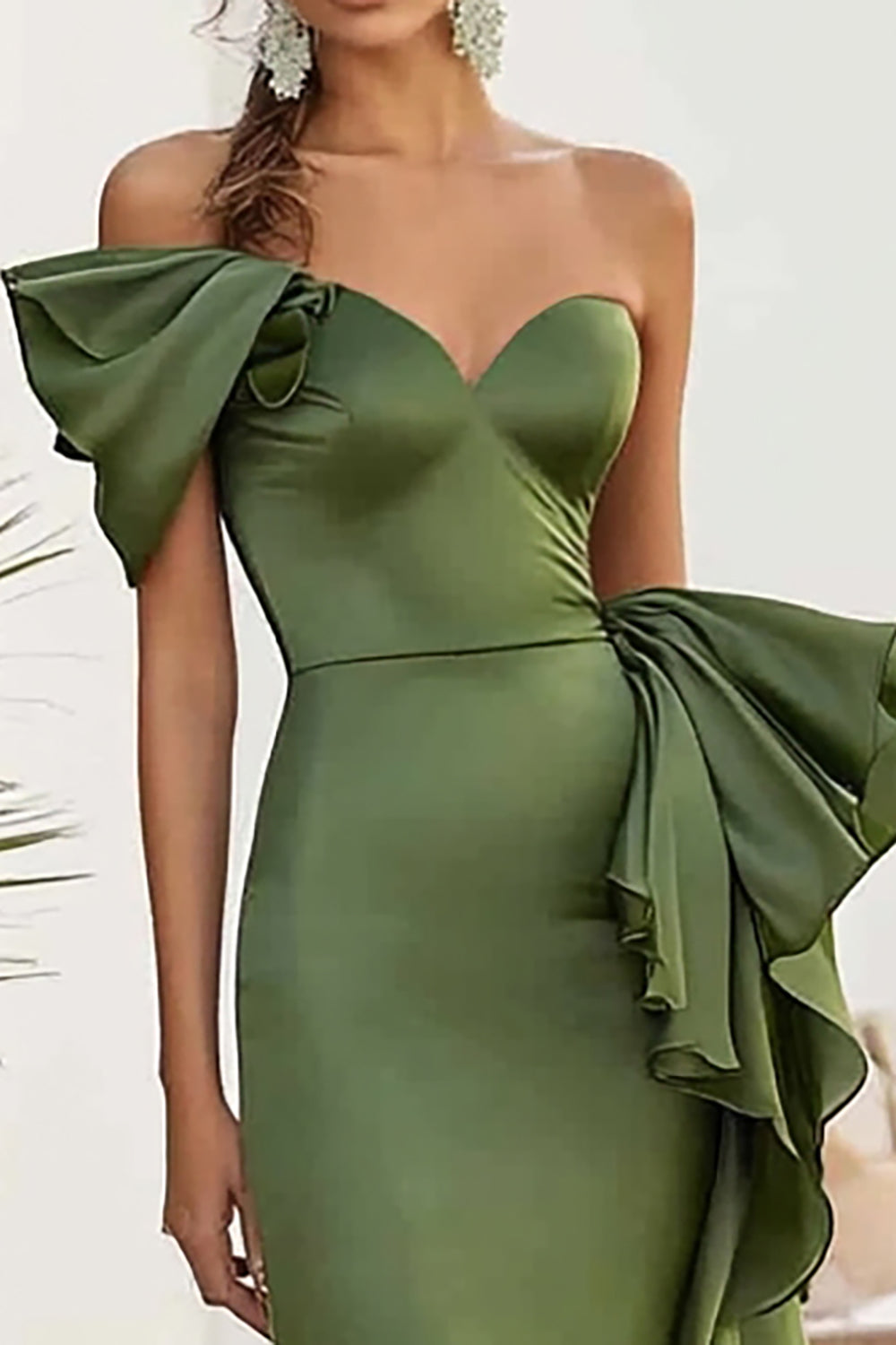 One Shoulder Olive Chiffon Ruffled Mermaid Long Formal Dress
