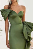One Shoulder Olive Chiffon Ruffled Mermaid Long Formal Dress