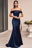 Navy Satin Off The Shoulder Mermaid Long Formal Dress