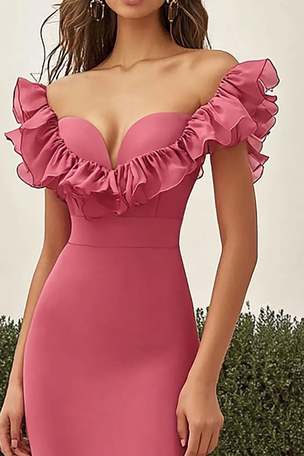 Mermaid Coral Off The Shoulder Ruffled Long Formal Dress