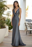 Dark Grey Satin V-Neck Sheath Long Formal Dress