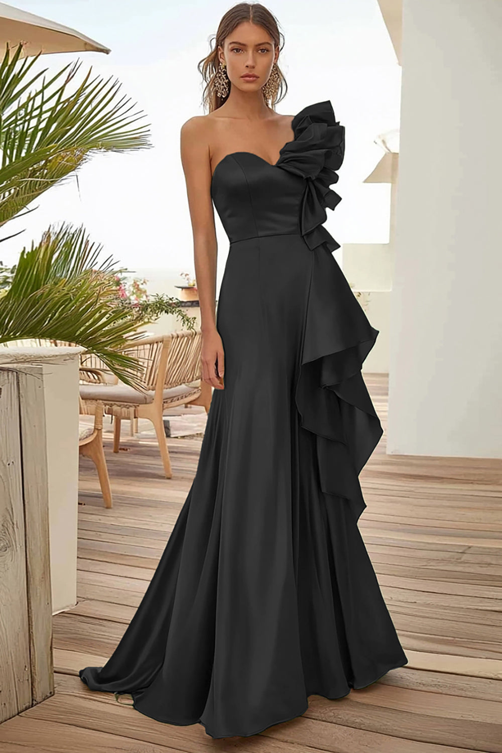 Black Satin One Shoulder Long Formal Dress with Ruffles