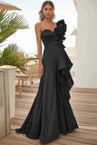 Black Satin One Shoulder Long Formal Dress with Ruffles