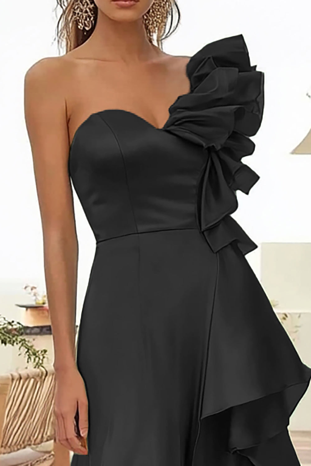 Black Satin One Shoulder Long Formal Dress with Ruffles