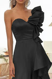 Black Satin One Shoulder Long Formal Dress with Ruffles