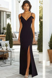 Black Satin Sheath Spaghetti Straps Long Formal Dress With Slit