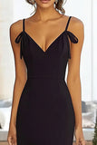 Black Satin Sheath Spaghetti Straps Long Formal Dress With Slit