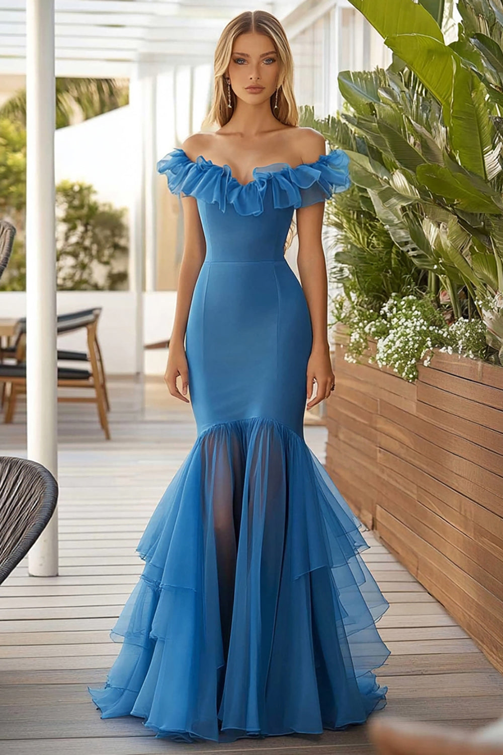 Mermaid Blue Ruffled Off The Shoulder Long Formal Dress