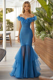 Mermaid Blue Ruffled Off The Shoulder Long Formal Dress