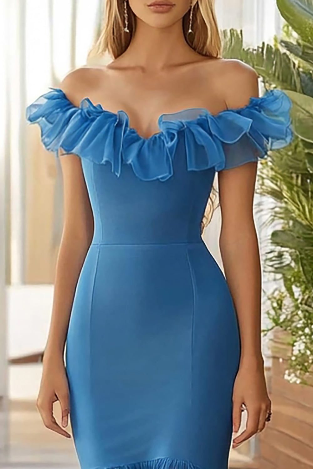 Mermaid Blue Ruffled Off The Shoulder Long Formal Dress