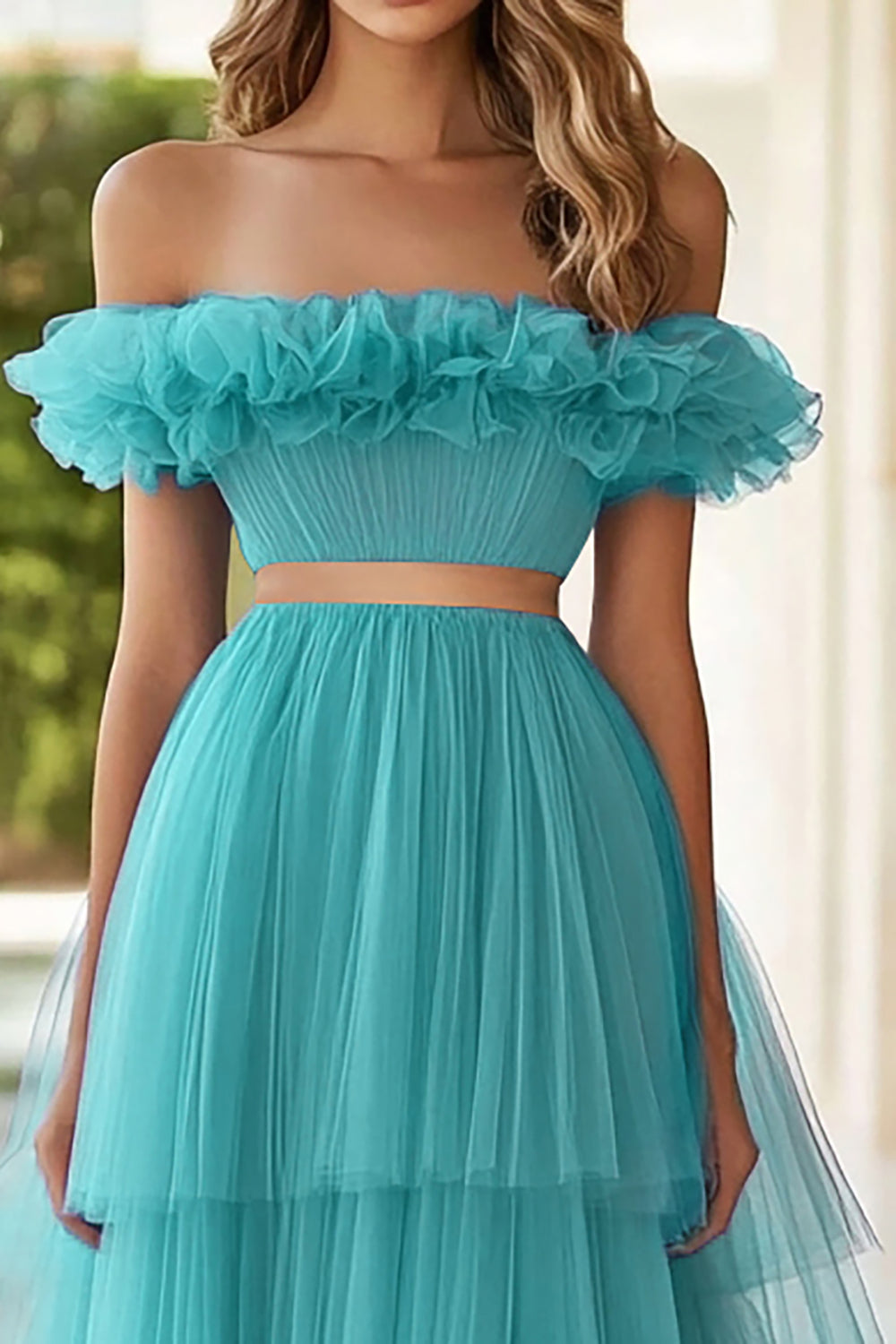Off The Shoulder Lake Blue Ruffled Tiered Long Formal Dress