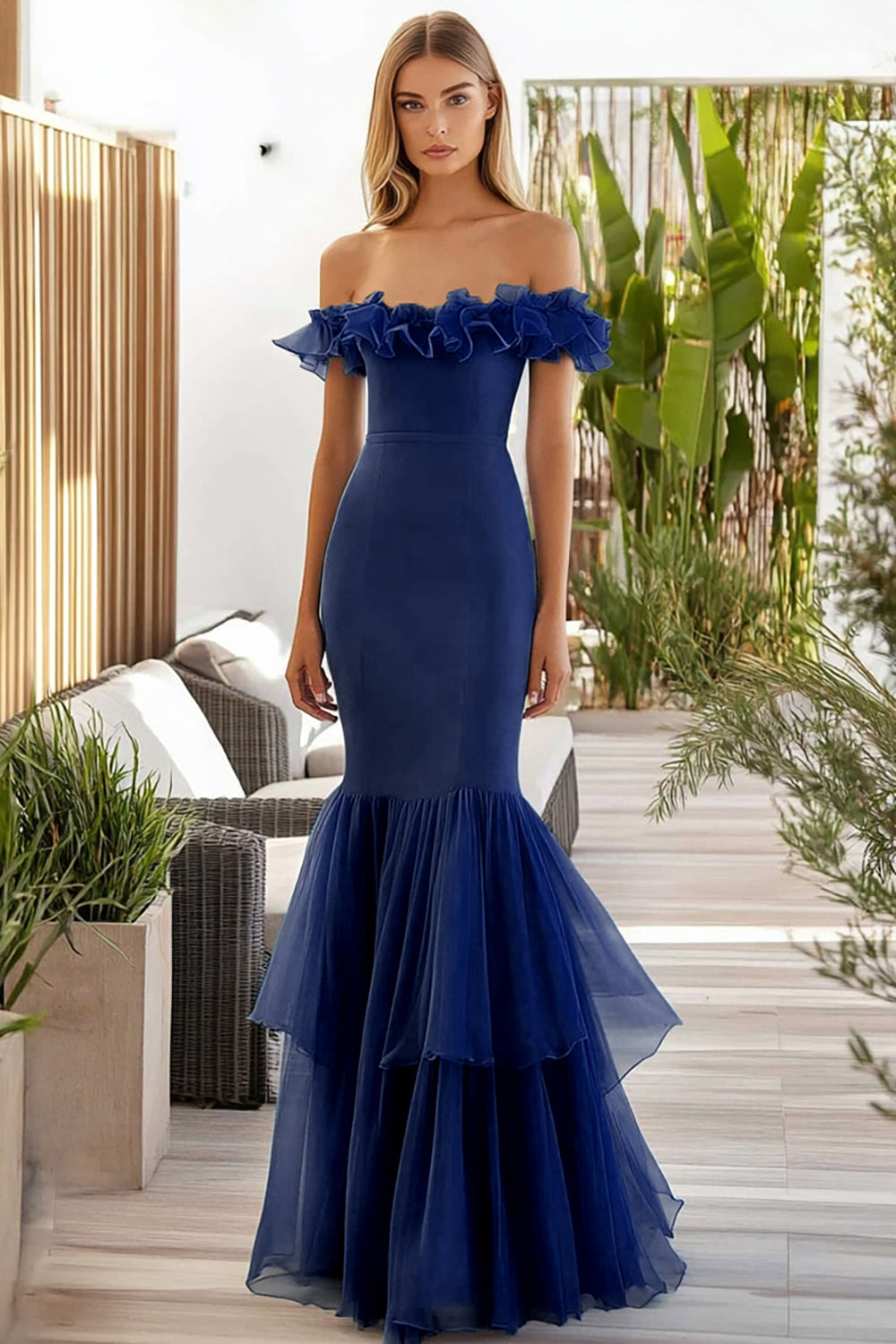 Mermaid Ruffled Off The Shoulder Navy Long Formal Dress