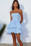 Sky Blue Chiffon Strapless Tiered Short Cocaktail Dress with Ruffles