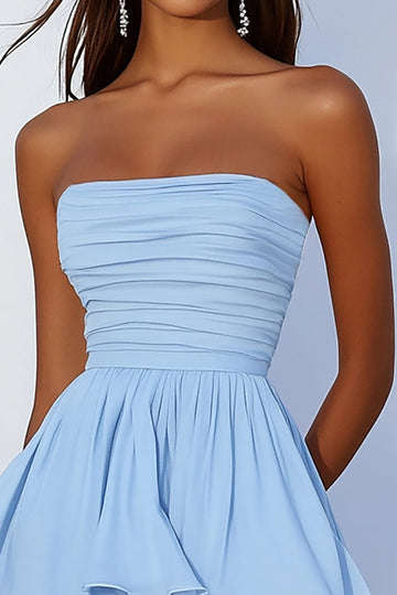 Sky Blue Chiffon Strapless Tiered Short Cocaktail Dress with Ruffles