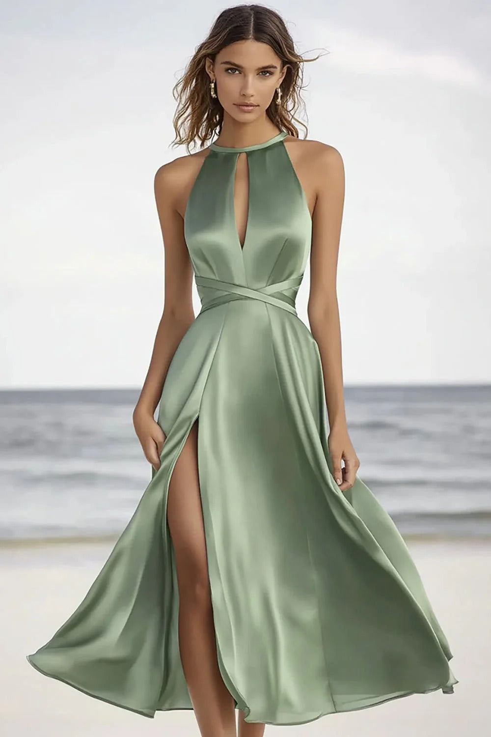 Dusty Sage A Line Satin Keyhole Long Formal Dress with Slit