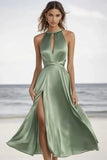 Dusty Sage A Line Satin Keyhole Long Formal Dress with Slit