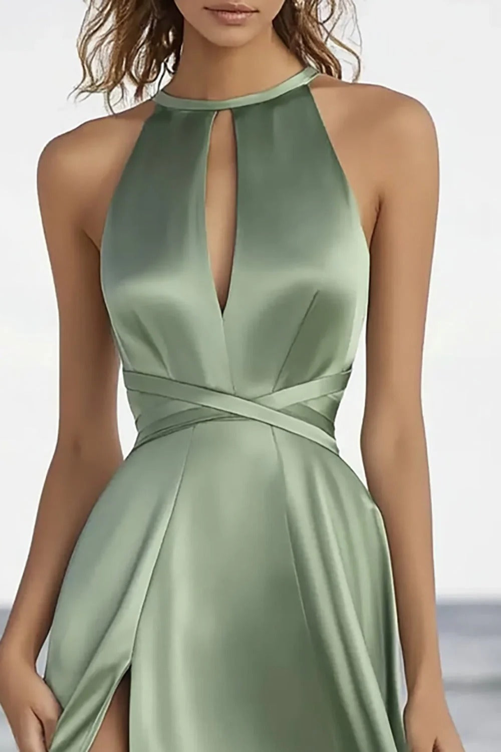 Dusty Sage A Line Satin Keyhole Long Formal Dress with Slit
