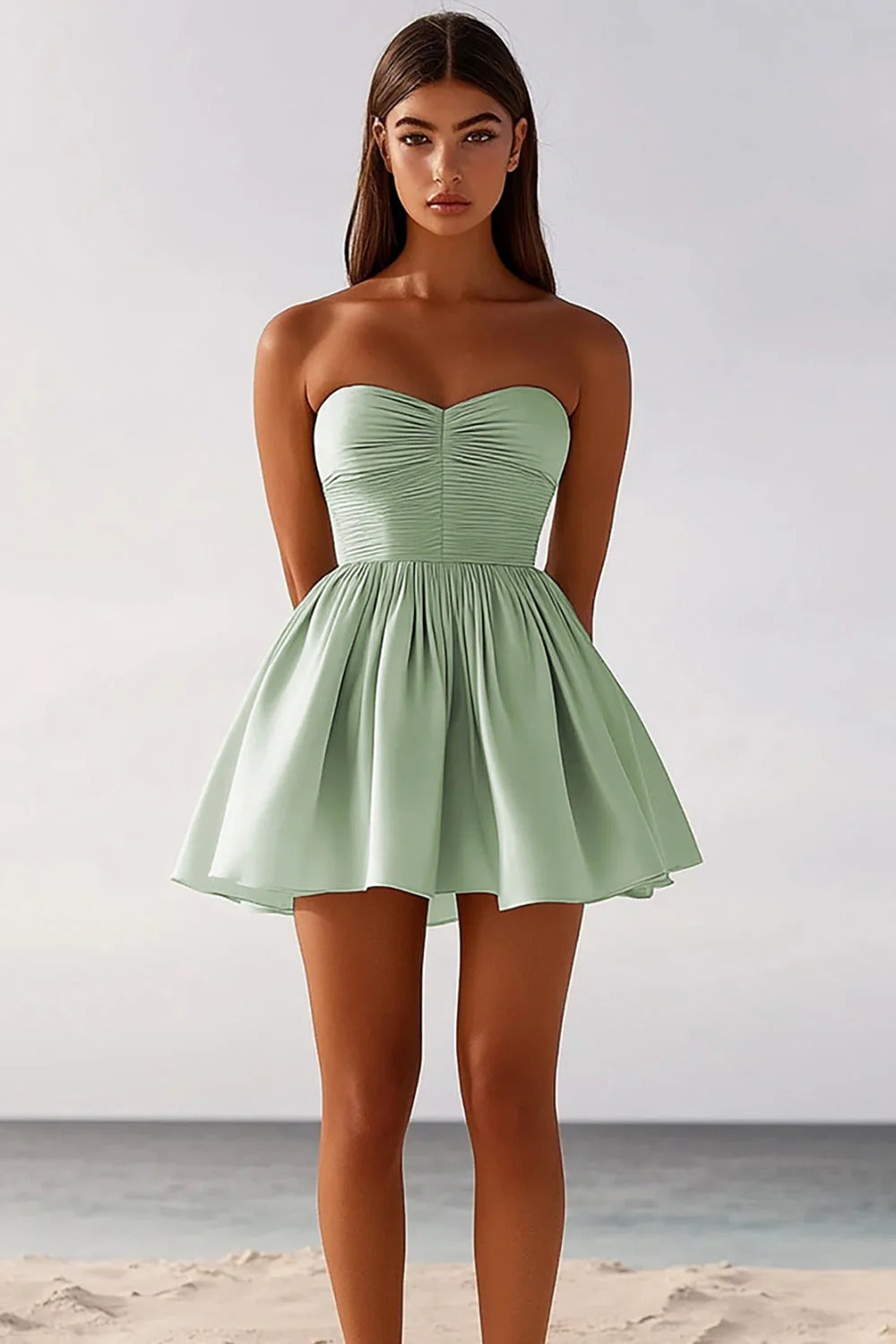 Sage Green Chiffon Strapless A-Line Ruched Short Cocktail Dress
