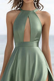 Dusty Sage Chiffon A Line Midi Cocktail Dress with Slit