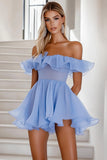 Blue Organza Off the Shoulder A Line Short Cocktail Dress with Ruffles