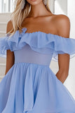 Blue Organza Off the Shoulder A Line Short Cocktail Dress with Ruffles