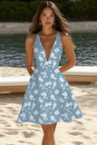 Blue White Flower Deep V Neck A Line Short Cocktail Dress