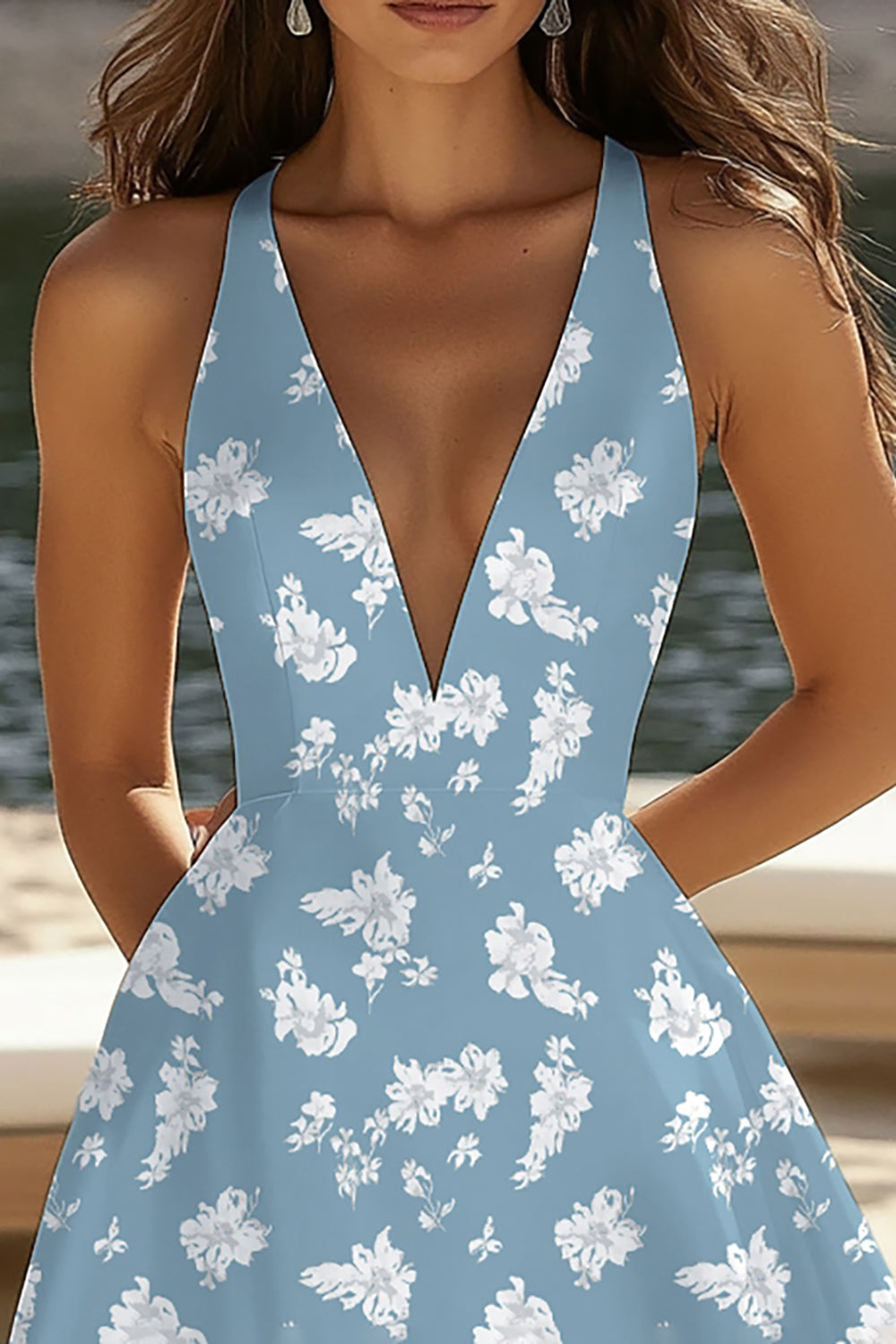 Blue White Flower Deep V Neck A Line Short Cocktail Dress