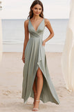 Dusty Sage Satin A Line V-Neck Ruched Long Formal Dress with Slit
