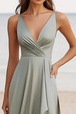 Dusty Sage Satin A Line V-Neck Ruched Long Formal Dress with Slit