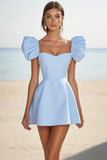 Sky Blue Satin A Line Short Cocktail Dress with Puff Sleeves