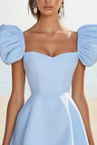 Sky Blue Satin A Line Short Cocktail Dress with Puff Sleeves