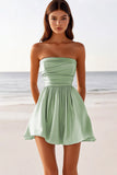 Sage Green A Line Satin Strapless Short Cocktail Dress