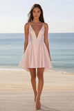 Pink Satin V Neck A Line Sleeveless Short Cocktail Dress