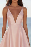 Pink Satin V Neck A Line Sleeveless Short Cocktail Dress