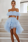 Sky Blue Tulle Two Pieces A Line Short Cocktail Dress with Ruffles