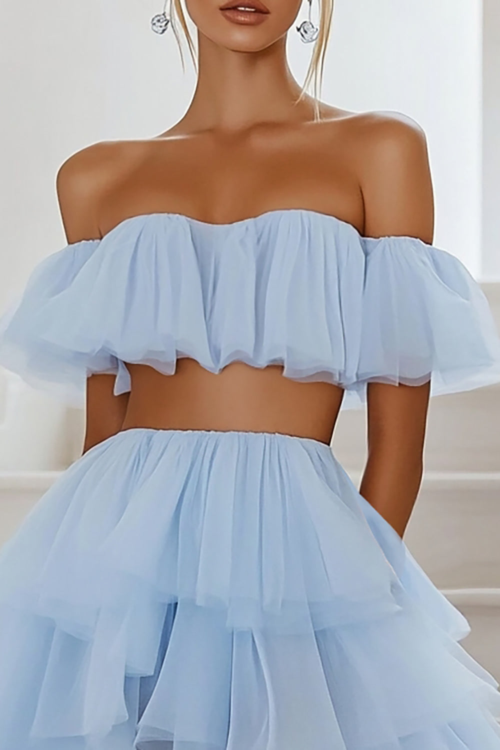 Sky Blue Tulle Two Pieces A Line Short Cocktail Dress with Ruffles